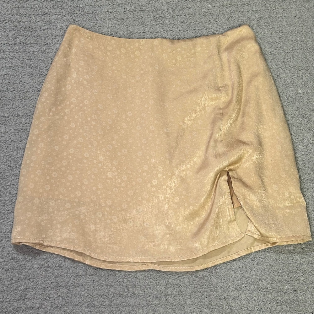 Blue Blush Mini Skirt Floral‎ Jacquard Slit M Gold Silky Coquette Soft Girl